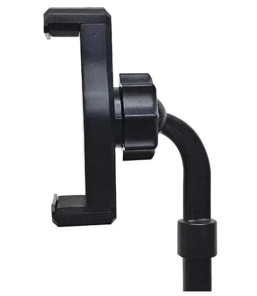 Detalhe do suporte para celular de mesa preto com ajuste de ângulo e fixação segura