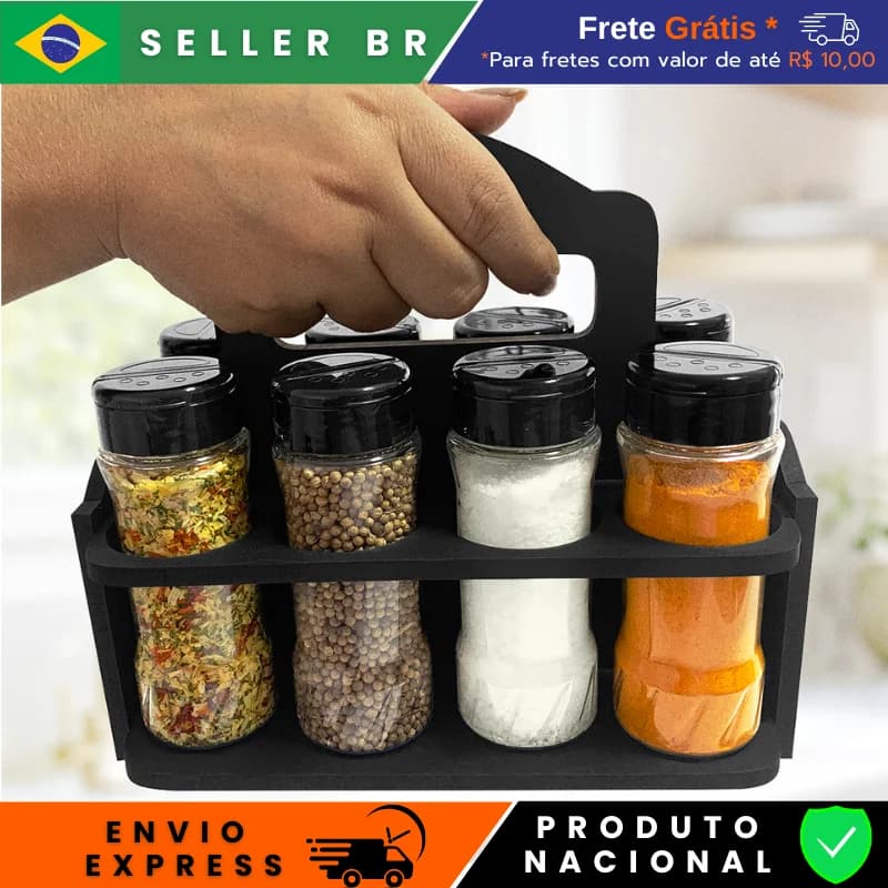 Suporte preto para temperos e especiarias com 8 potes plásticos de 130ml