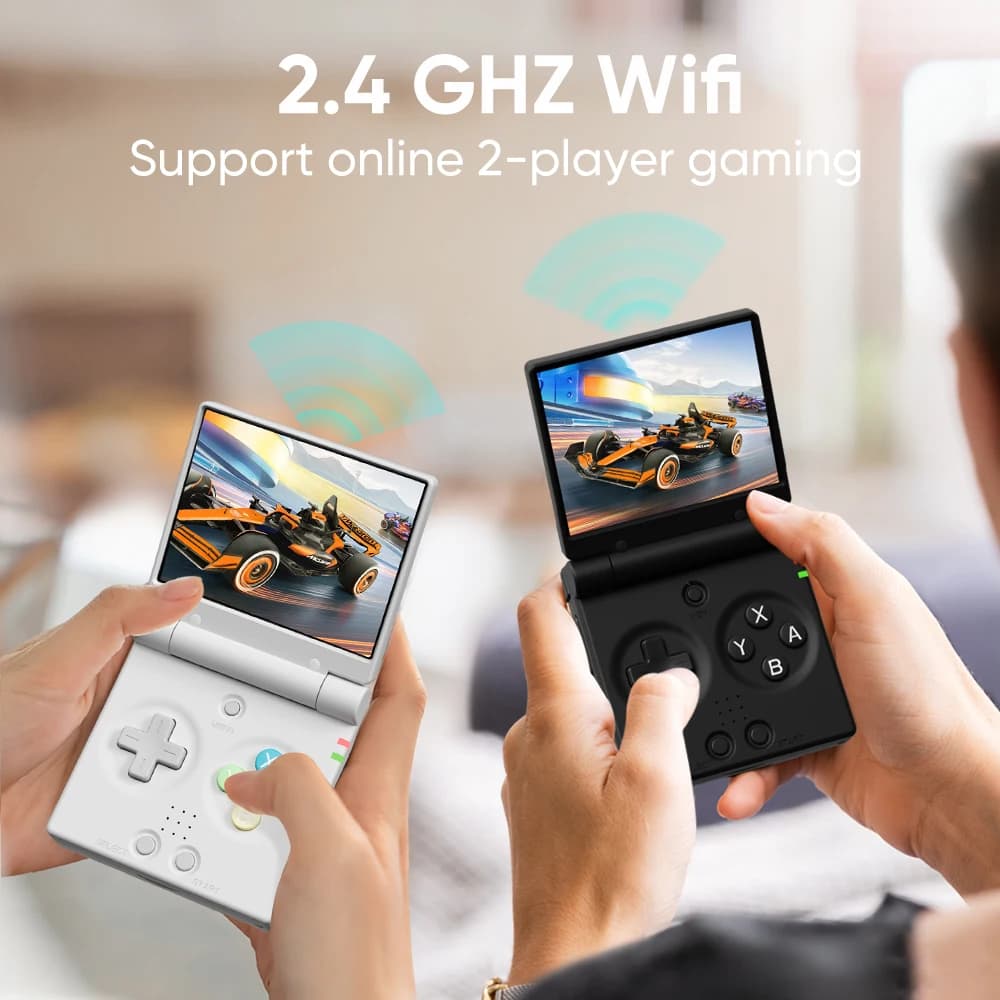 Dois consoles portáteis de jogos branco e preto com conexão Wi-Fi 2.4 GHz para multiplayer online