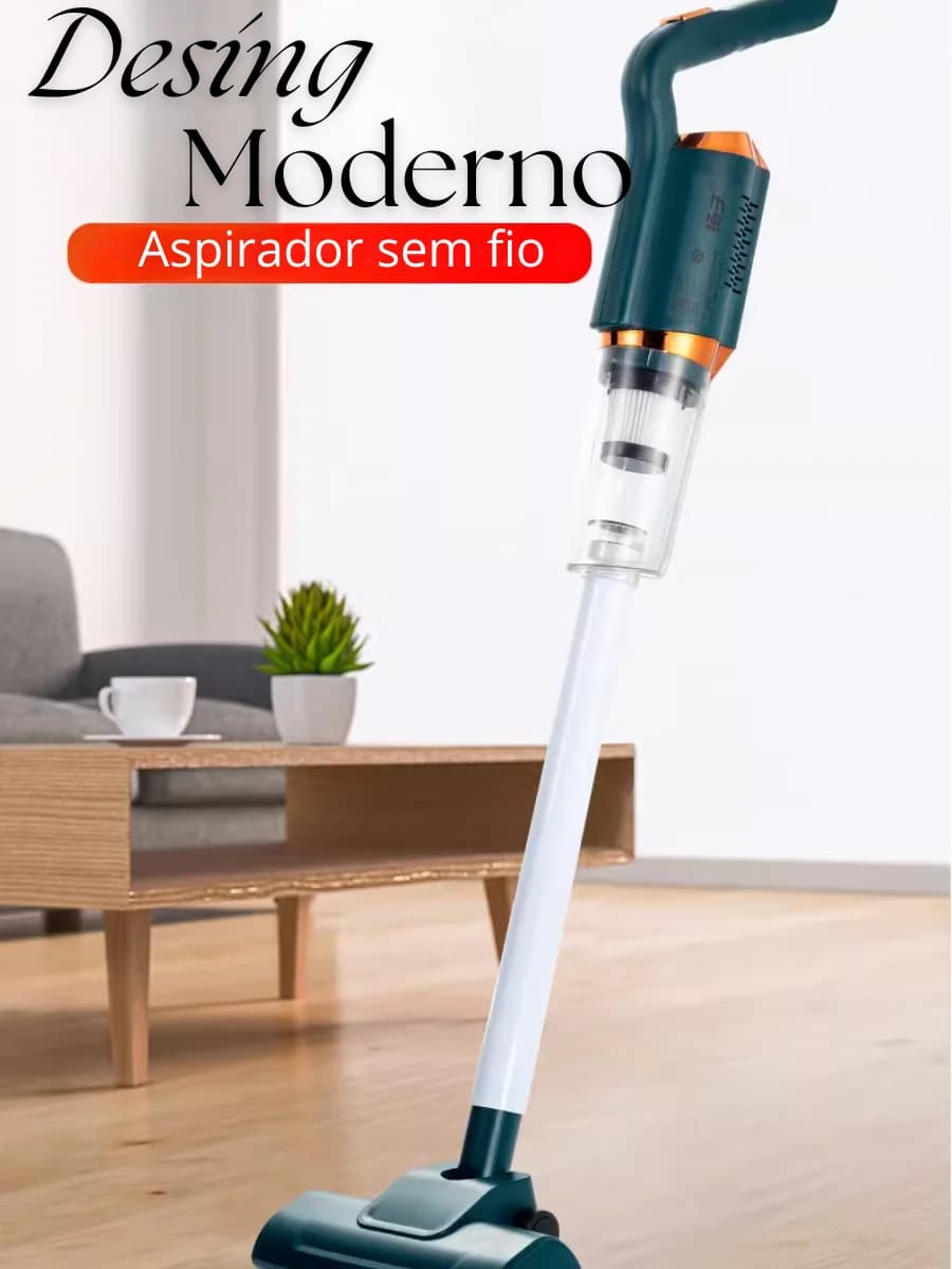 Aspirador de pó vertical portátil verde e branco, design moderno, sem fio