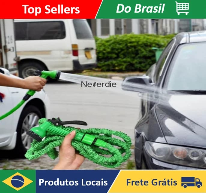 Mangueira mágica de jardim verde e preta com 30 metros de comprimento e sete tipos de jatos.