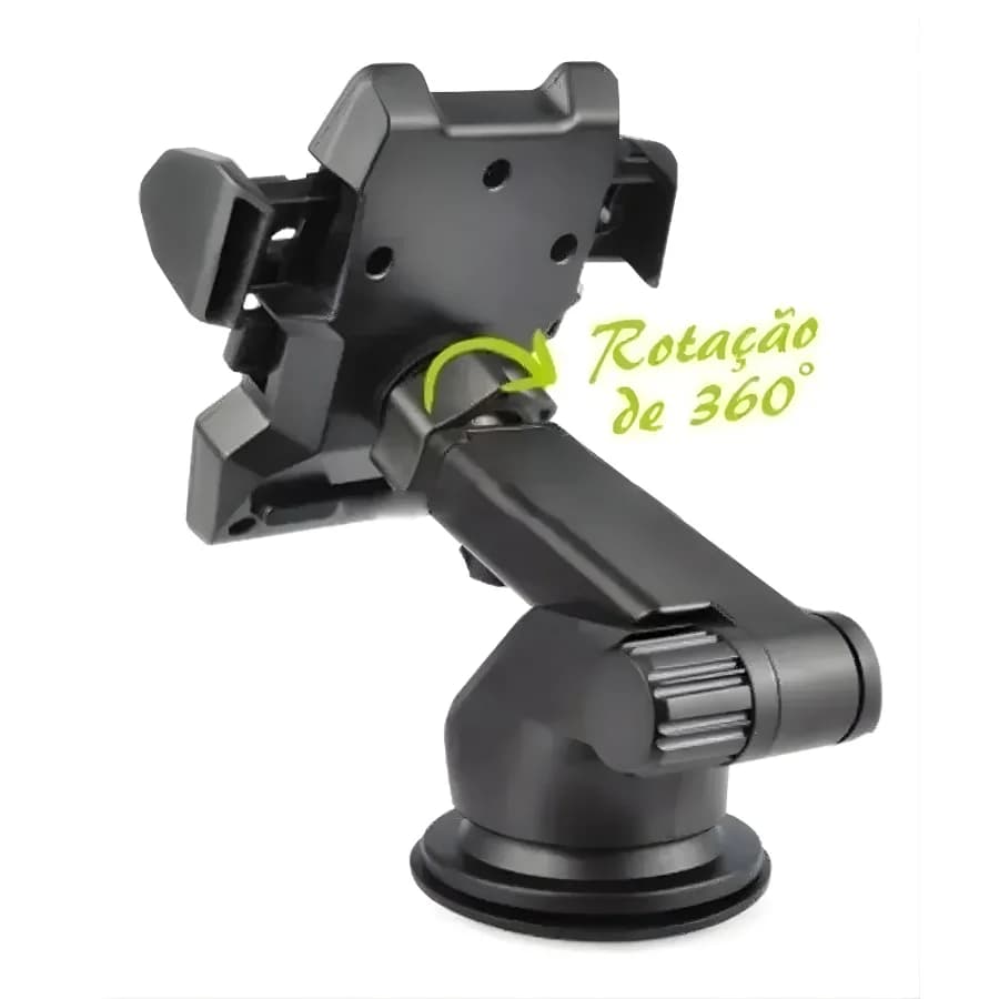Suporte para celular veicular preto com rotação ajustável de 360 graus para uso em carros