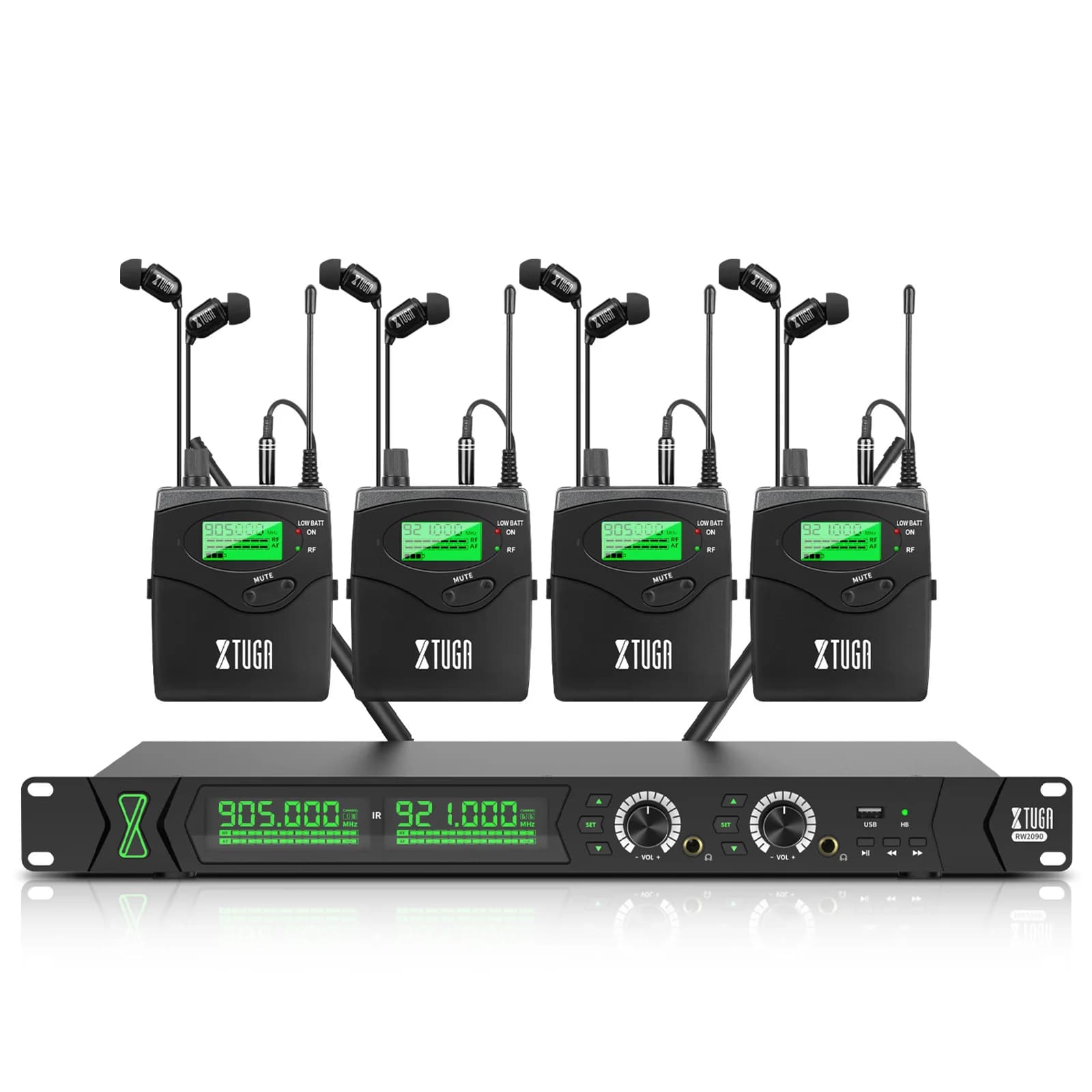 Xtuga rw2090 sistema de monitor intra-auricular sem fio mono iem monitoramento canal duplo 230 pés operação bluetooth fone de ouvido palco estúdio banda