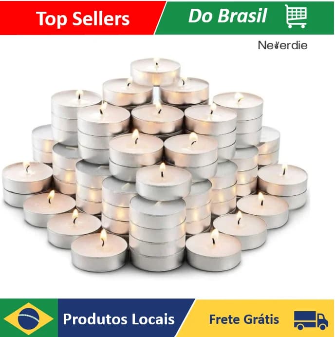 50 velas flutuantes de parafina com suporte de alumínio, dispostas em uma pilha circular, ideal para decoração de eventos como o Dia dos Namorados.