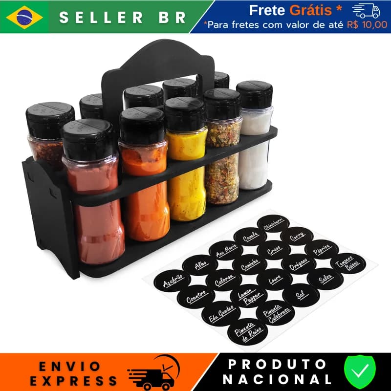 Porta Tempero E Cafeteria, Tampa Dosadora Dual Organiza Cozinha e Dispensa, 10 Potes, 130ml