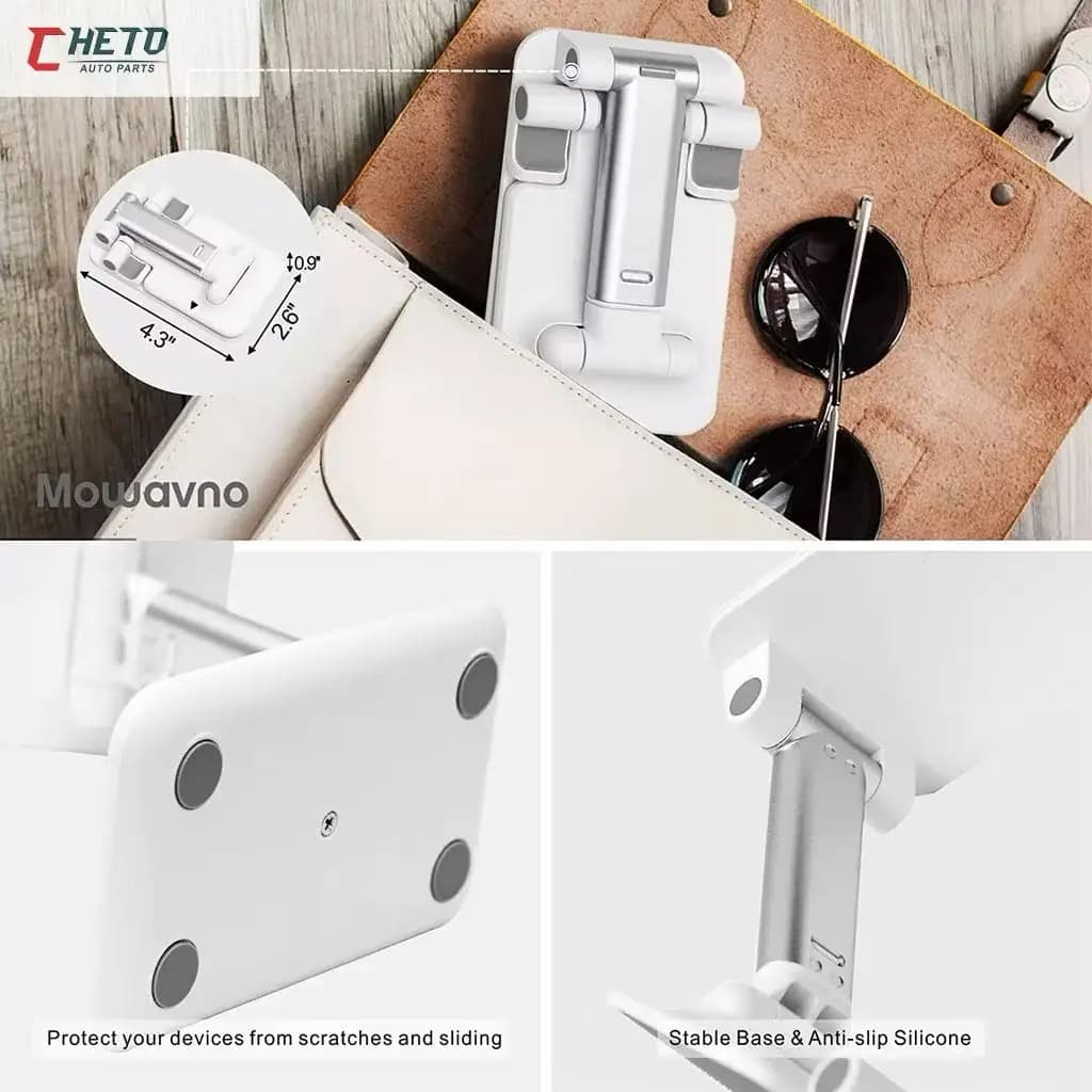Suporte dobrável branco para tablet e celular com base antiderrapante e proteção contra arranhões