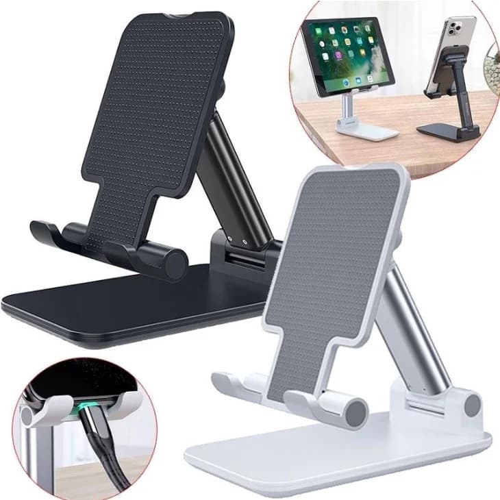 Suporte de mesa articulado ajustável para celular preto e branco