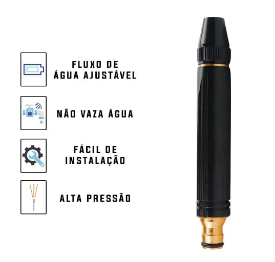 Bico alta pressão para mangueiras com três tipos de jato preto com detalhes dourados