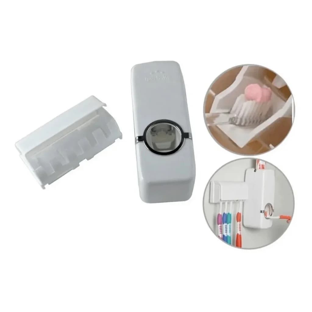 Dispenser automático branco desmontado mostrando suporte para escovas e aplicação de creme dental