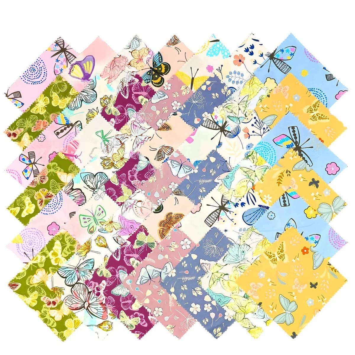 Conjunto de 42 quadrados de tecido com motivos de borboletas e flores para costura e artesanato