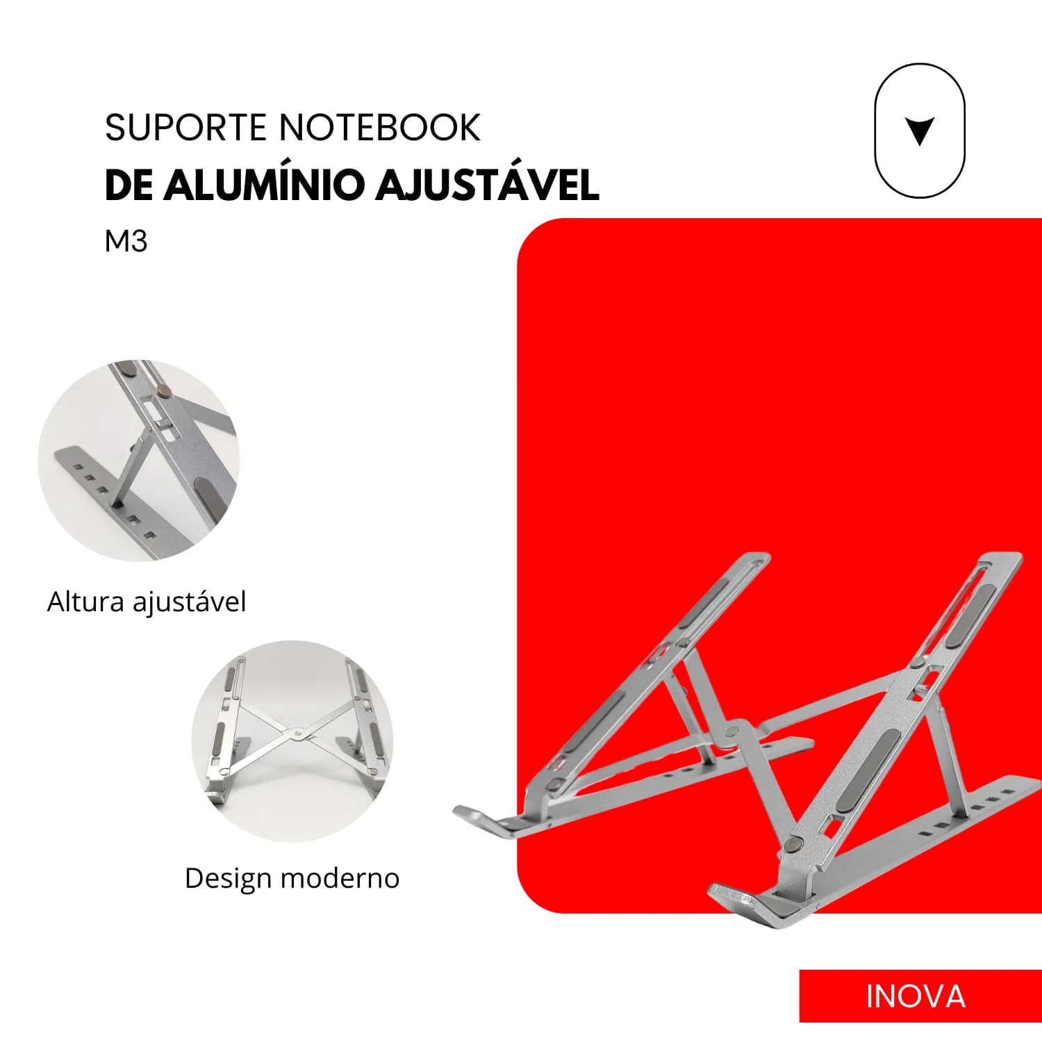 Suporte notebook de alumínio ajustável cinza com design moderno e altura regulável para conforto