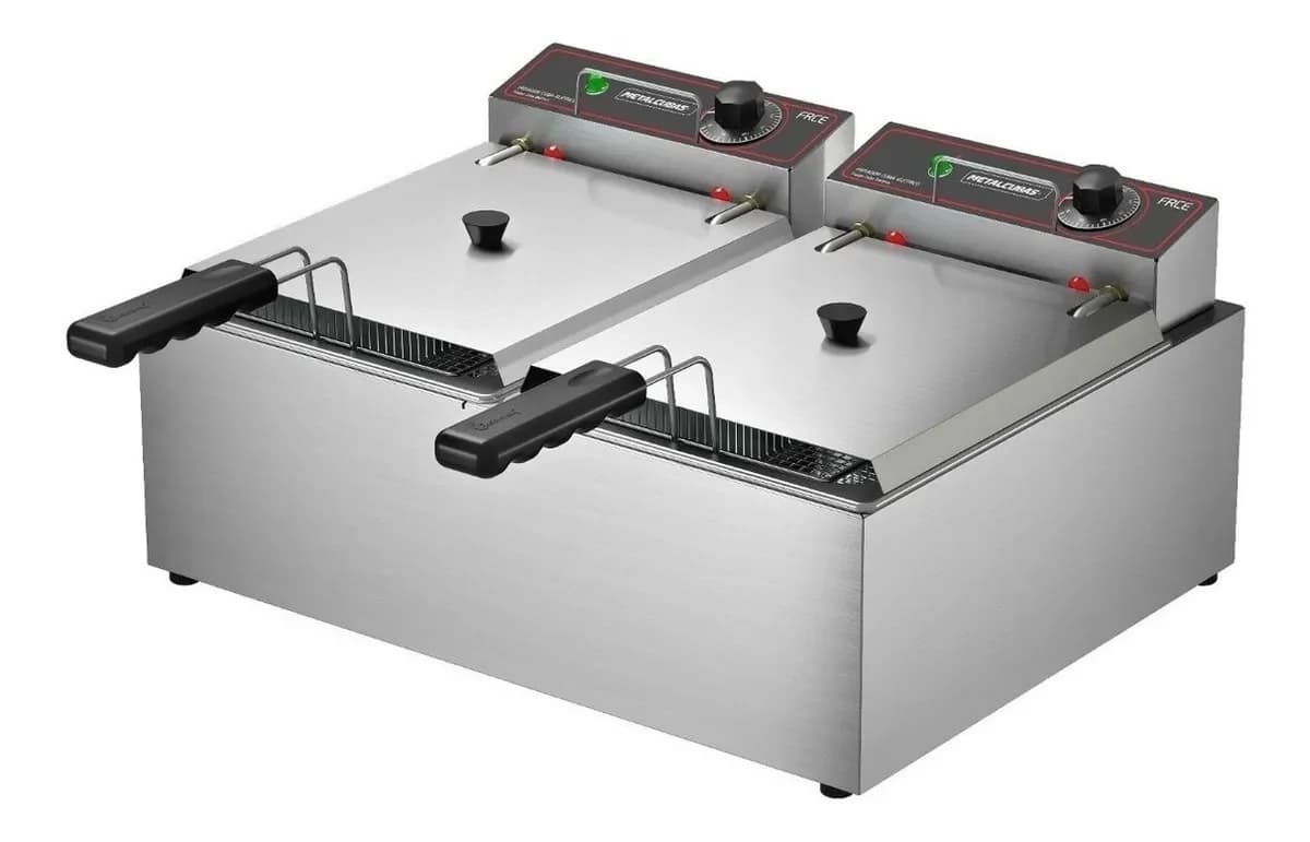 Fritadeira elétrica industrial com duas cubas de 10 litros, aço inoxidável
