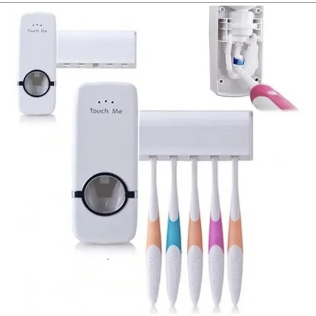 Dispenser automático branco com suporte para cinco escovas de dentes coloridas e uso demonstrado