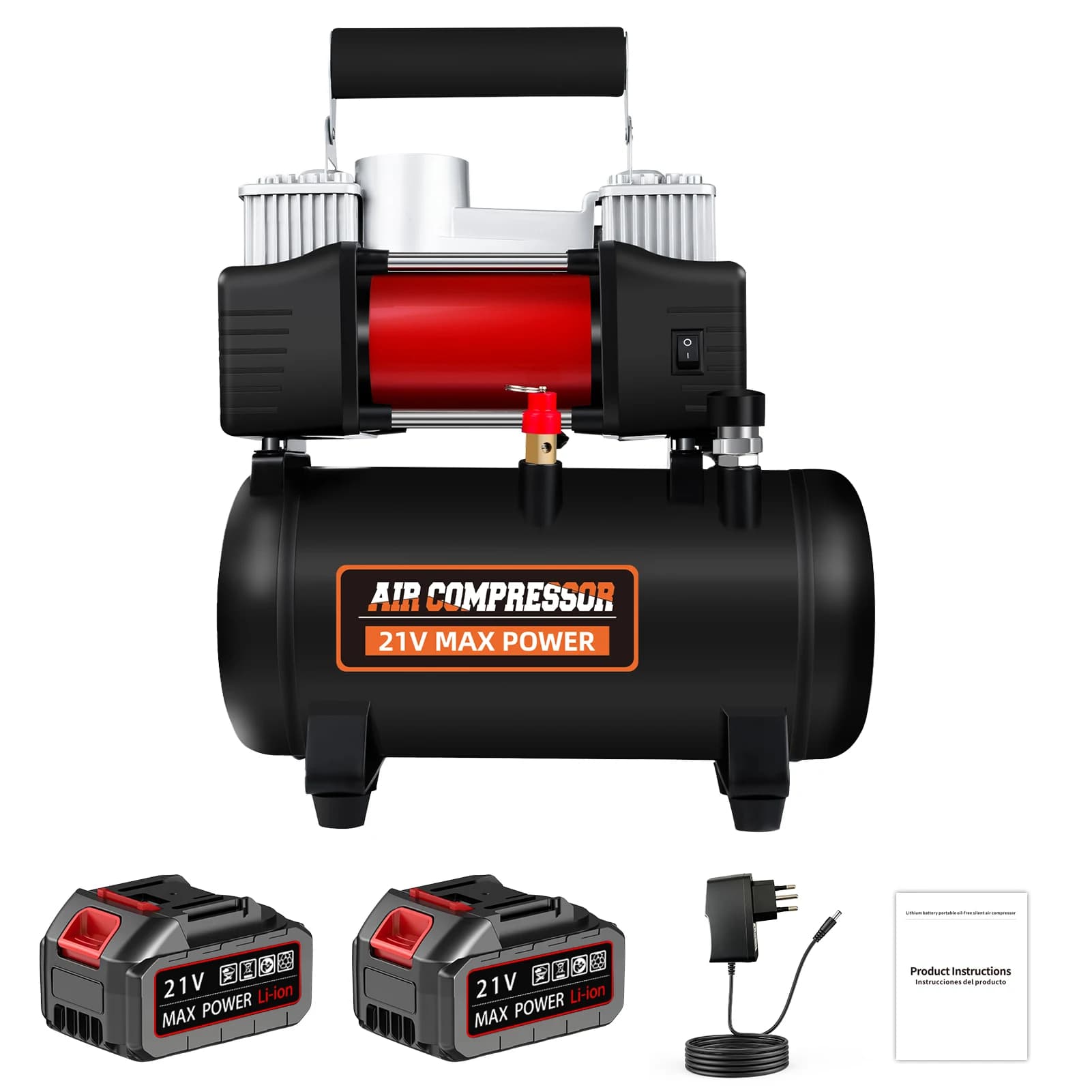 Compressor de Ar Portátil 21V 3L, Silencioso e Sem Óleo, para Inflar Pneus e Pintura com Spray, Design com Cabo Dobrável BR