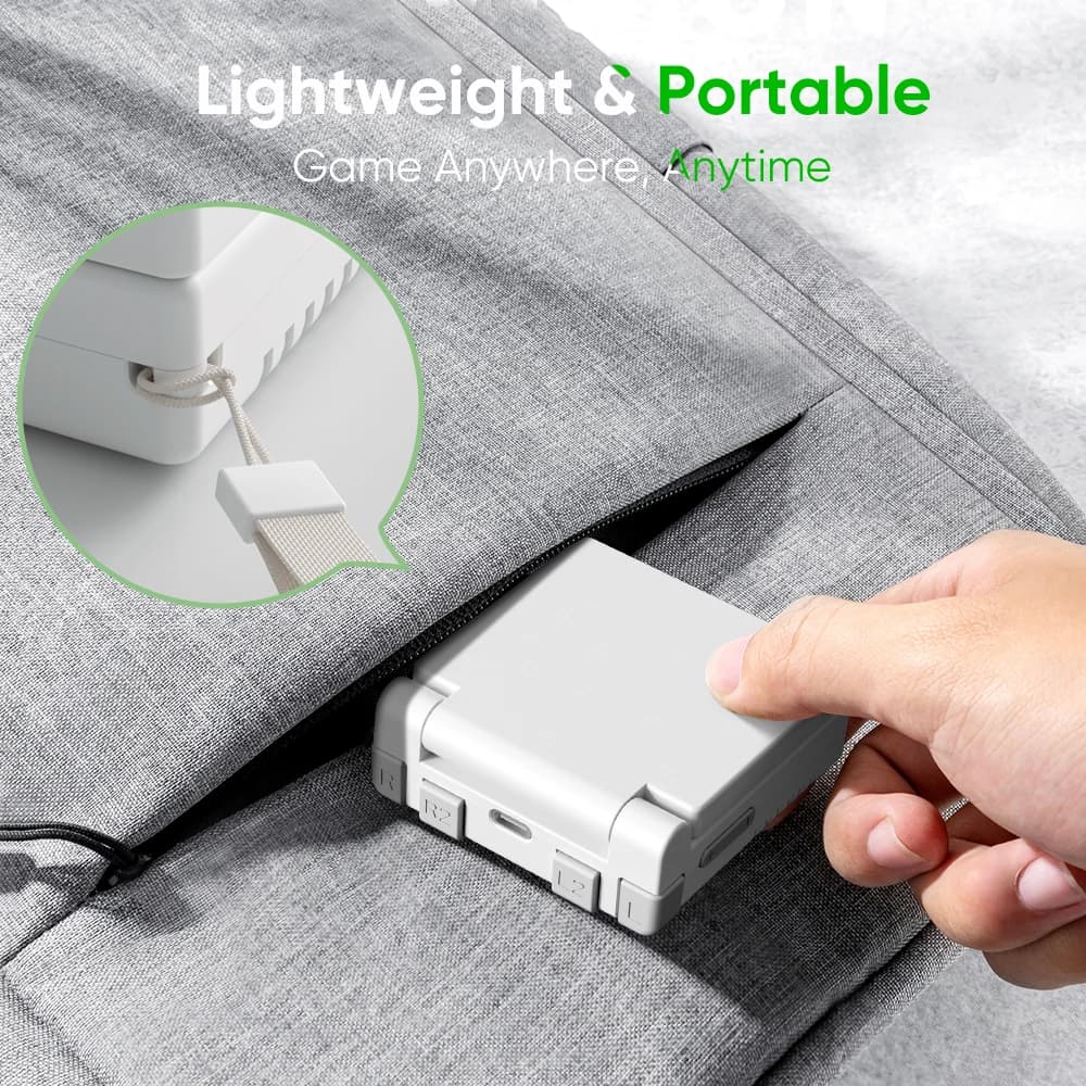 Console portátil MIYOO Mini Flip cinza compacto e leve com tela IPS 2,8 polegadas guardado em bolsa cinza