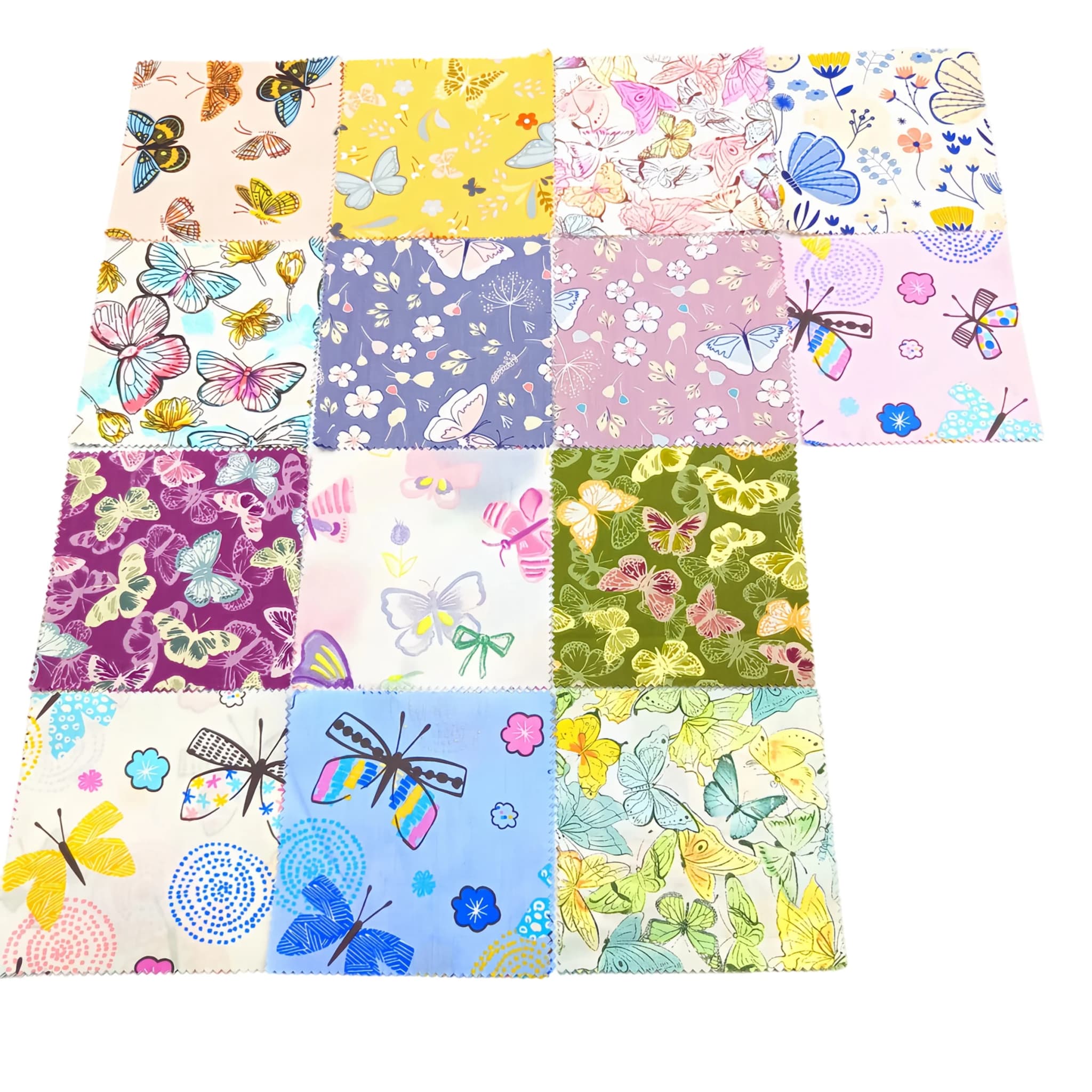 Conjunto de 42 quadrados de tecido com motivos de borboletas e flores para costura e artesanato