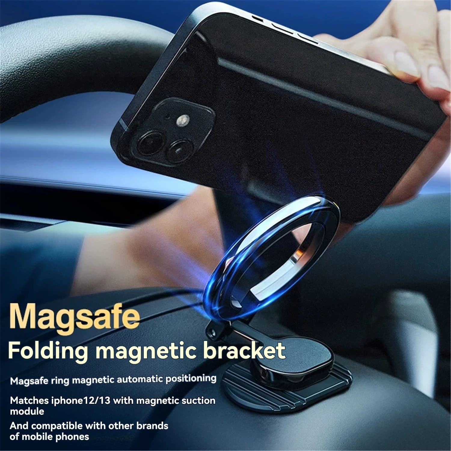 Suporte magnético para celular preto com anel dobrável Magsafe para iPhone e Samsung no carro