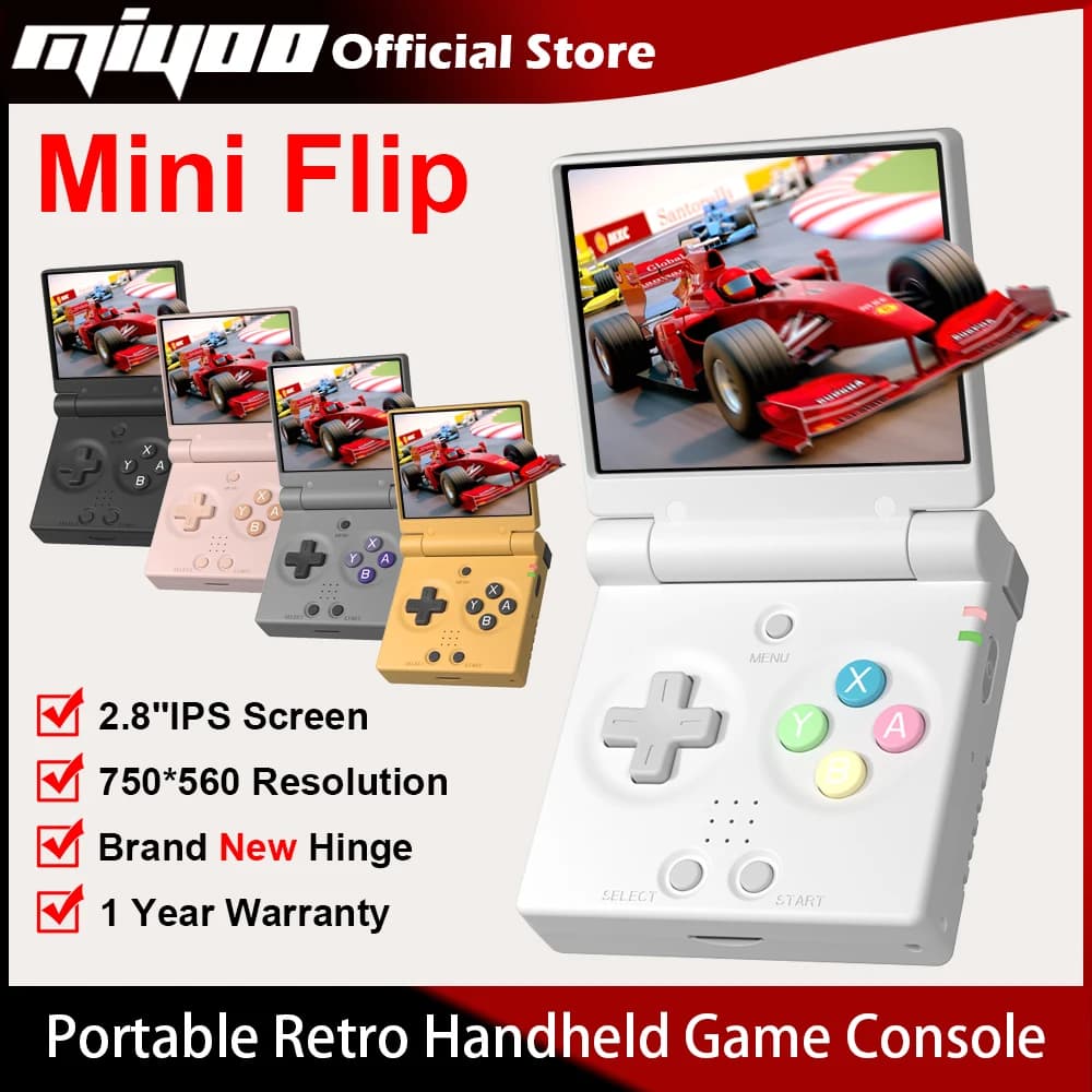 Console de jogos portátil MIYOO Mini Flip com tela IPS de 2,8 polegadas, dobradiça nova, resolução 750x560 e garantia de 1 ano