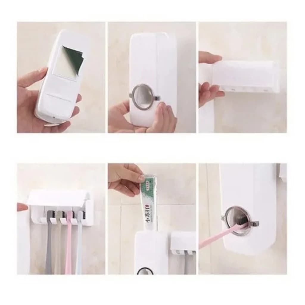 Dispenser automático para pasta de dente e suporte para escovas de dentes, branco, com válvulas e botão para saída de creme dental