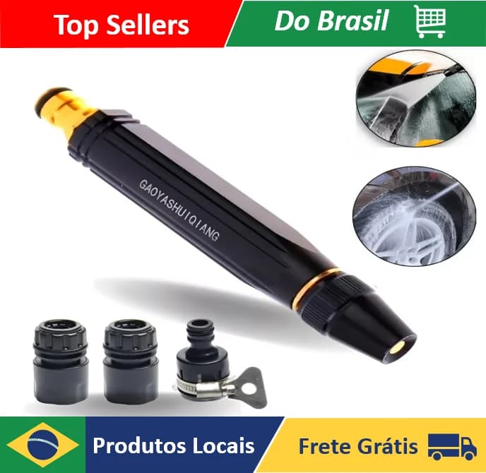 Bico alta pressão para mangueiras com três tipos de jato preto com detalhes dourados
