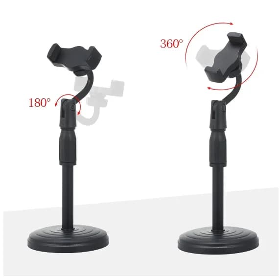 Suporte para celular de mesa preto com tripé, braço articulado 360º e altura ajustável