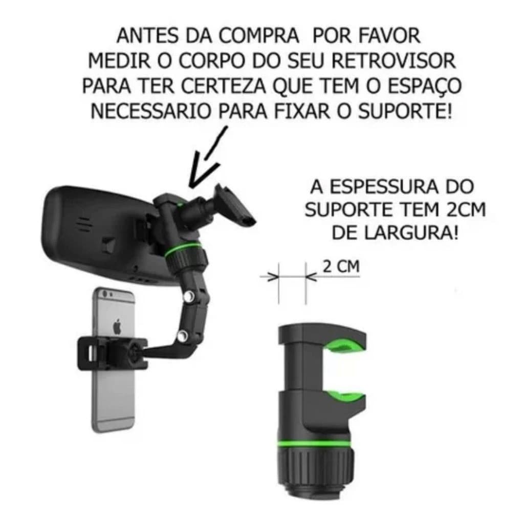 Suporte de celular para retrovisor de carro com fixação de 2 cm de largura e compatível com celulares