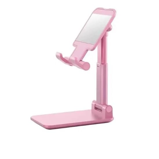 Suporte de mesa para celular articulado rosa com ajuste de altura e design compacto