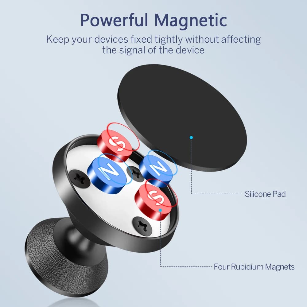 Suporte magnético veicular com quatro ímãs de rubídio e almofada de silicone para fixação segura do celular