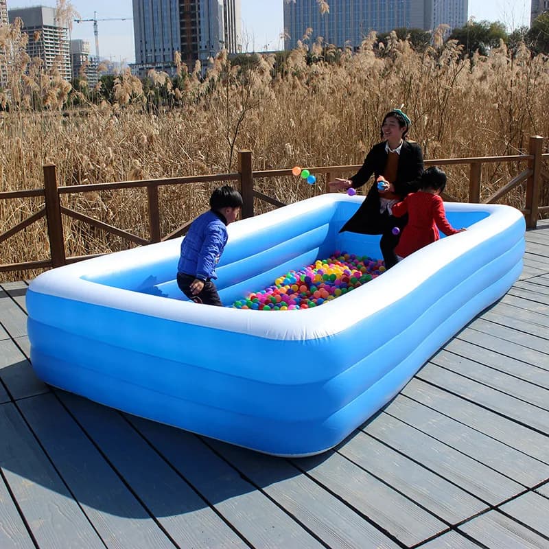 Piscina inflável gigante azul e branco tubo inflável bebê 305cm com crianças brincando em bolas coloridas