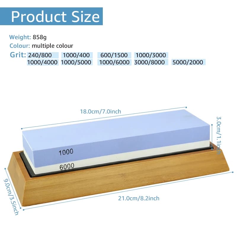Dimensões da pedra de amolar Myvit 18cm x 7cm x 3cm com suporte de madeira para afiar facas profissionalmente