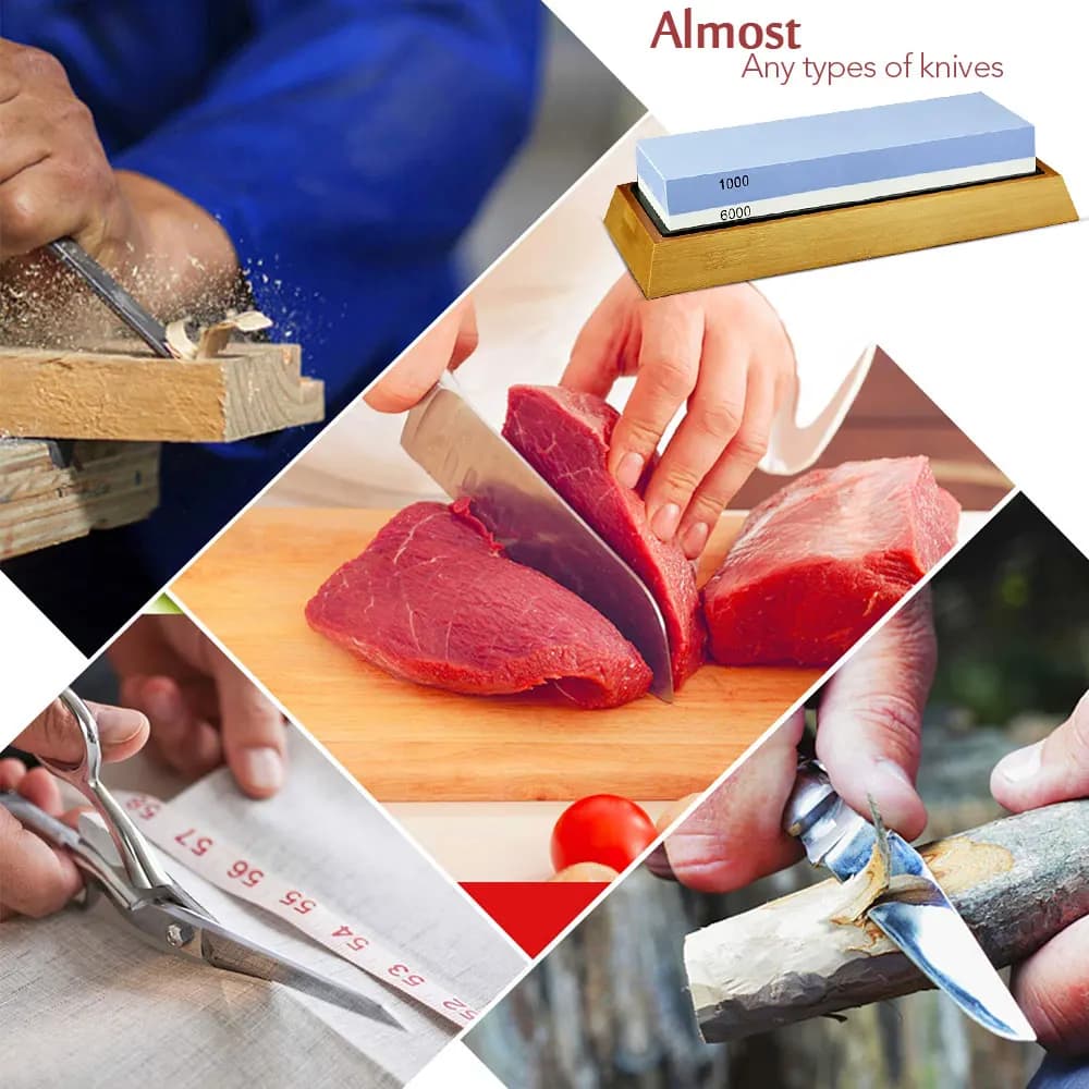 Uso do afiador de facas Myvit para afiar diferentes tipos de facas, corte de carne, tecido e madeira