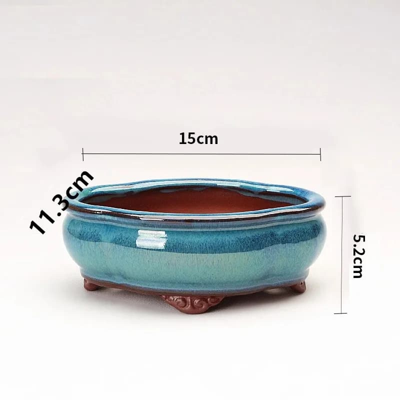 Vaso de flores bonsai estilo chinês em cerâmica azul-turquesa com base ventilada