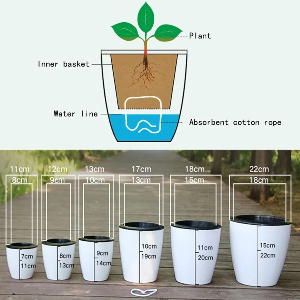 Diagrama vaso autoirrigável Jácotei branco com tampa preta, mostrando planta, cesto interno e corda absorvente