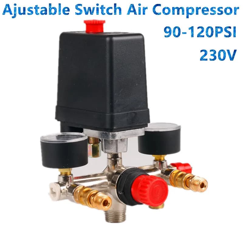 Interruptor da válvula de pressão do compressor de ar com regulador de alívio do coletor e medidores 90-120psi 230-220v