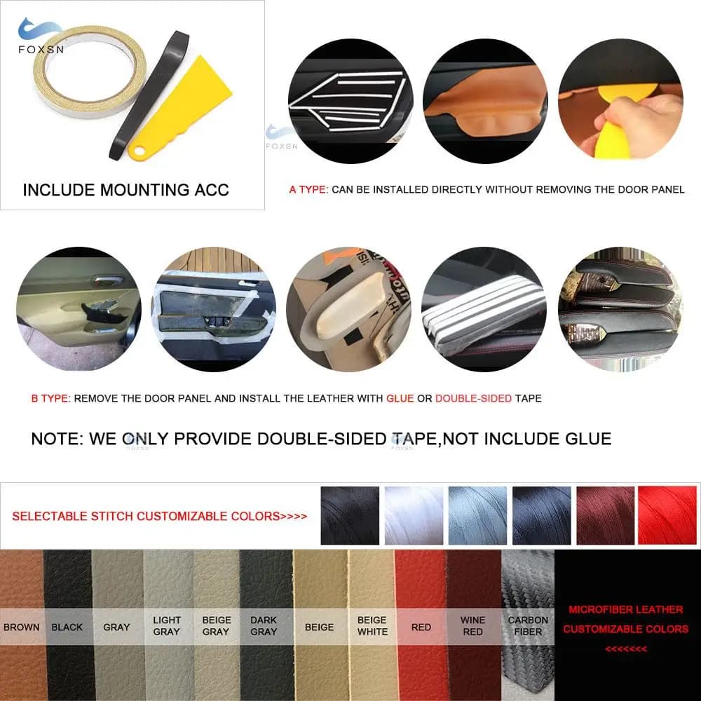 Acessórios para instalação da capa FOXSN e opções de cores personalizáveis para couro microfibra