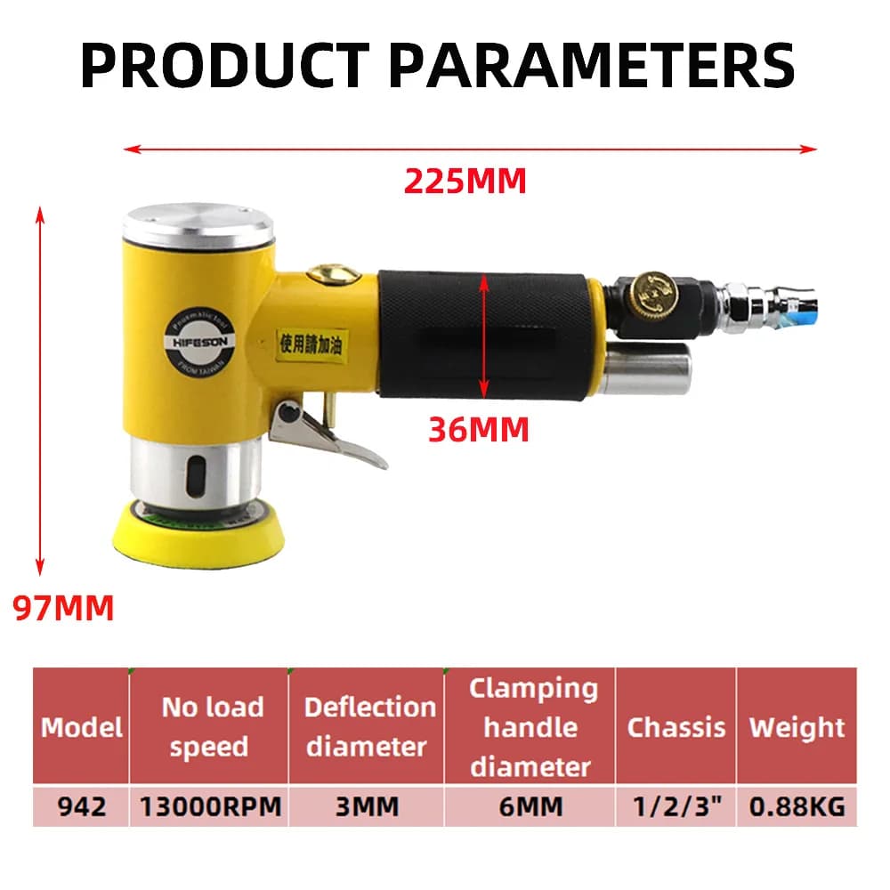 Dimensões e especificações técnicas da lixadeira de ar orbital Hifeson mini pneumática com velocidade de 13000 RPM e peso de 0,88 kg
