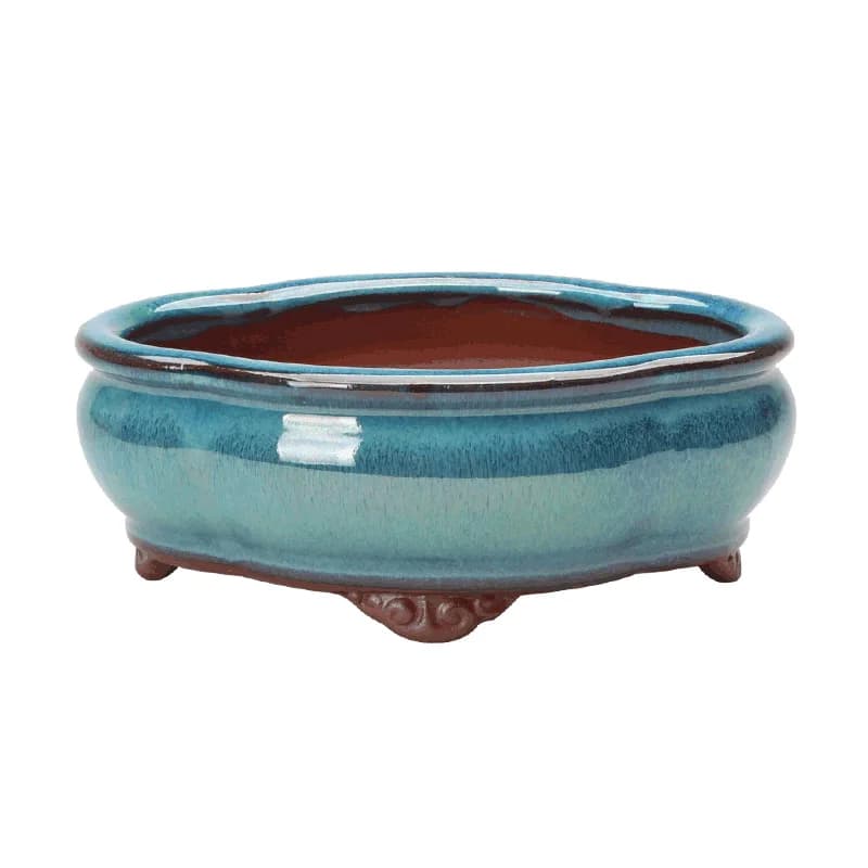 Vaso de flores bonsai estilo chinês em cerâmica azul-turquesa com base ventilada