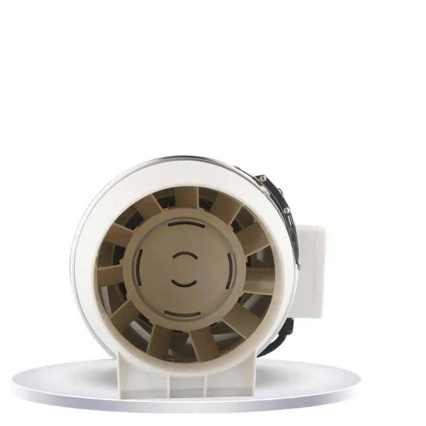Vista frontal do ventilador de exaustão inline mostrando hélice interna para cozinha e banheiro