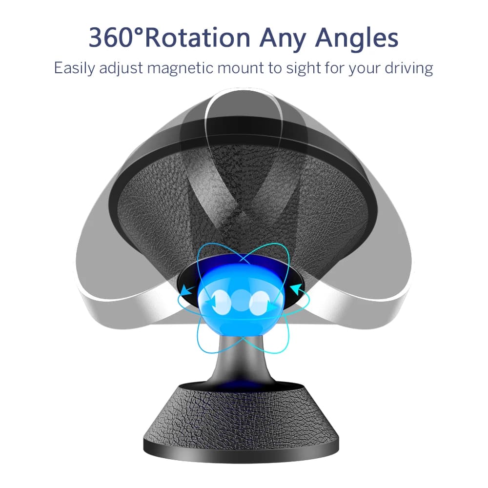 Suporte magnético veicular para celular com base metálica e couro sintético preto, rotação 360 graus
