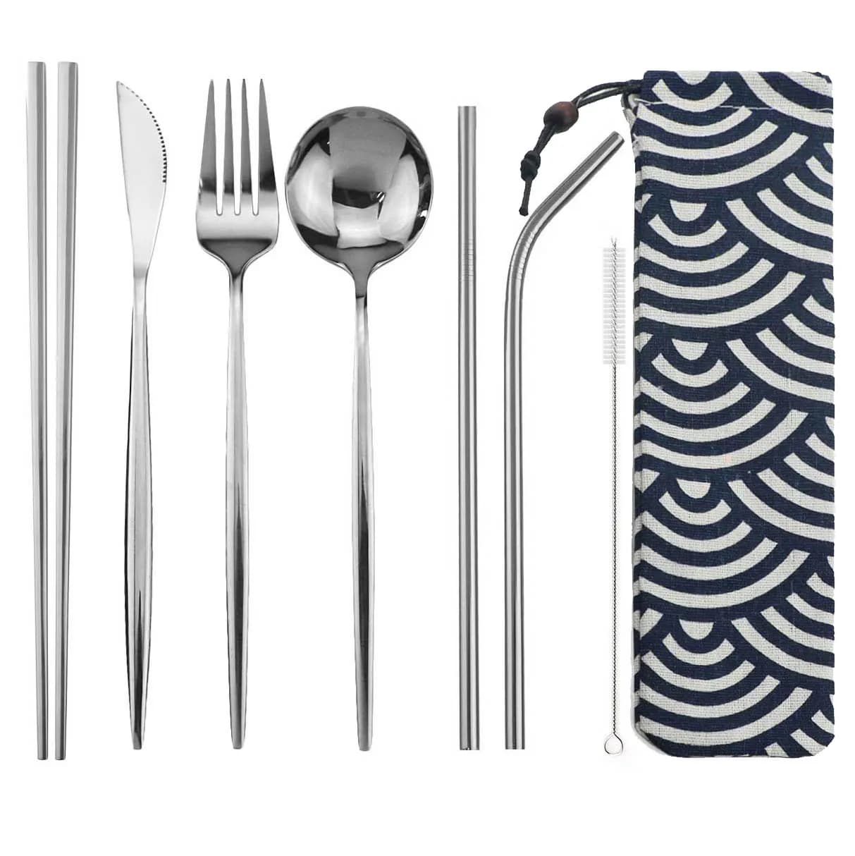 Conjunto de talheres de viagem em aço inoxidável 304 prata com bolsa azul estampada 8 peças