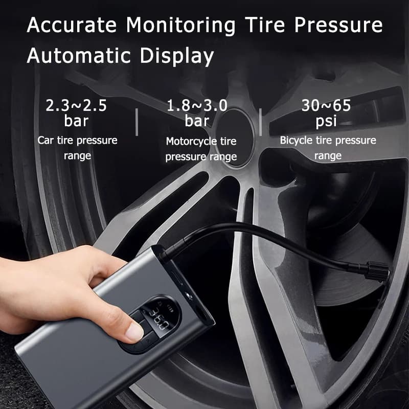 Bomba inflável portátil Baseus para pneus de carro, azul e dourada, com tela digital mostrando 36.0 PSI.