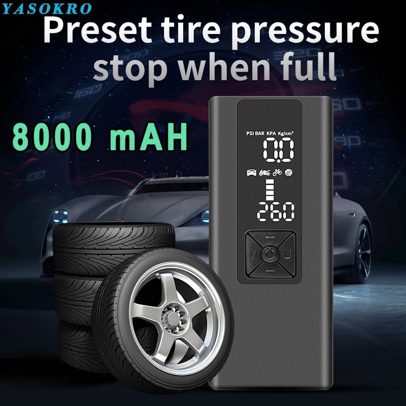 Compressor de ar portátil 8000 mAh para carros, motos e bicicletas