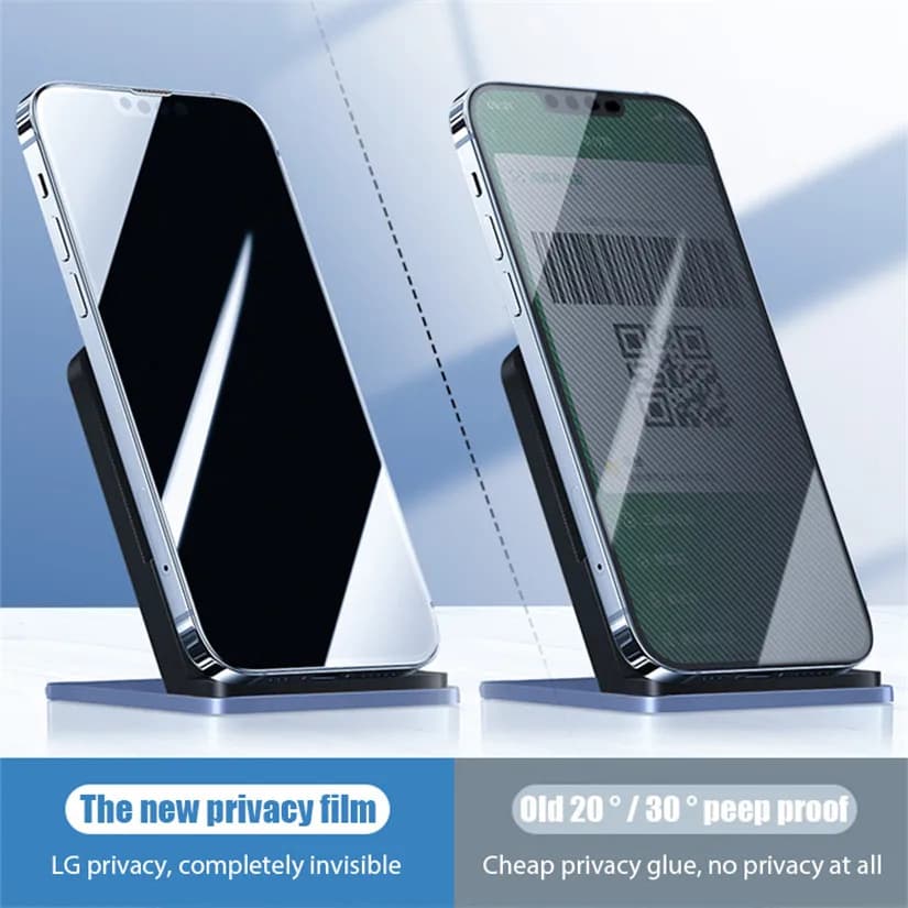 Comparação de películas protetoras de privacidade para smartphone mostrando nova película invisível LG