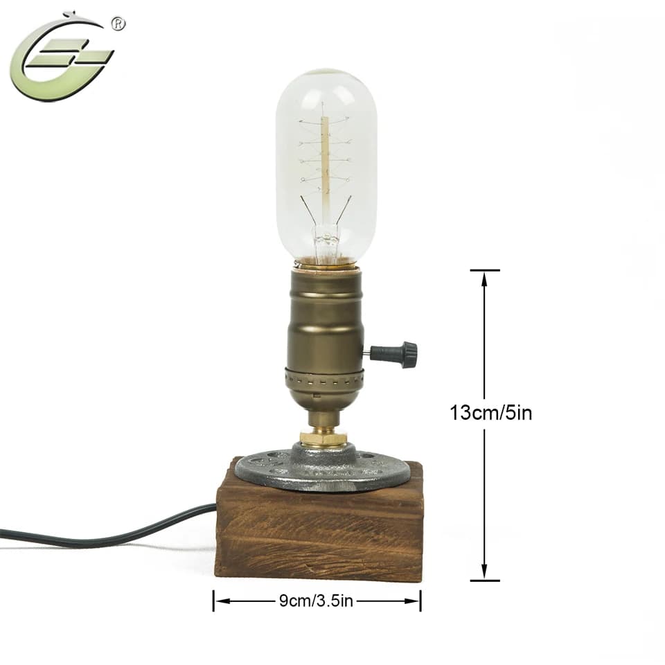 Luminária de Mesa Vintage Loft com Lâmpada Edison E27, Base de Madeira, Controle por Interruptor, Luminárias de Mesa para Bar e Decoração de Casa