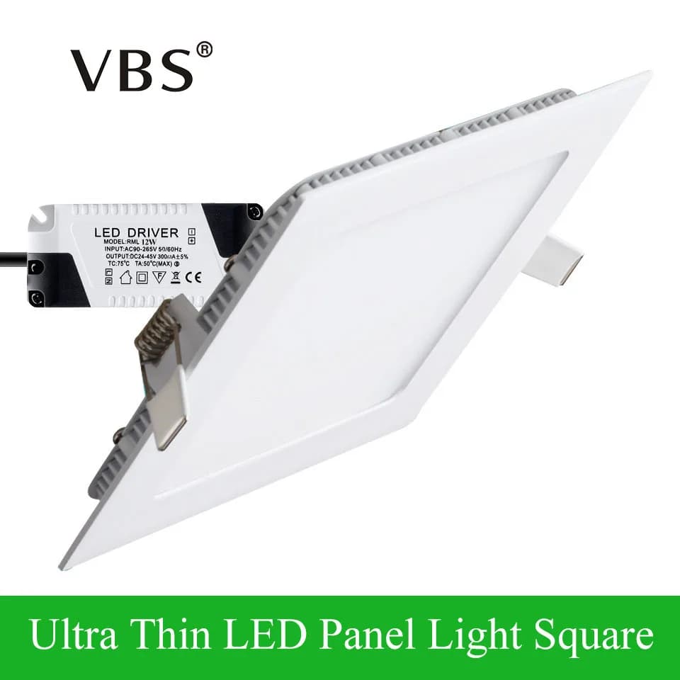 Painel de luz LED quadrado ultra fino VBS, montagem embutida, driver LED visível, fundo branco