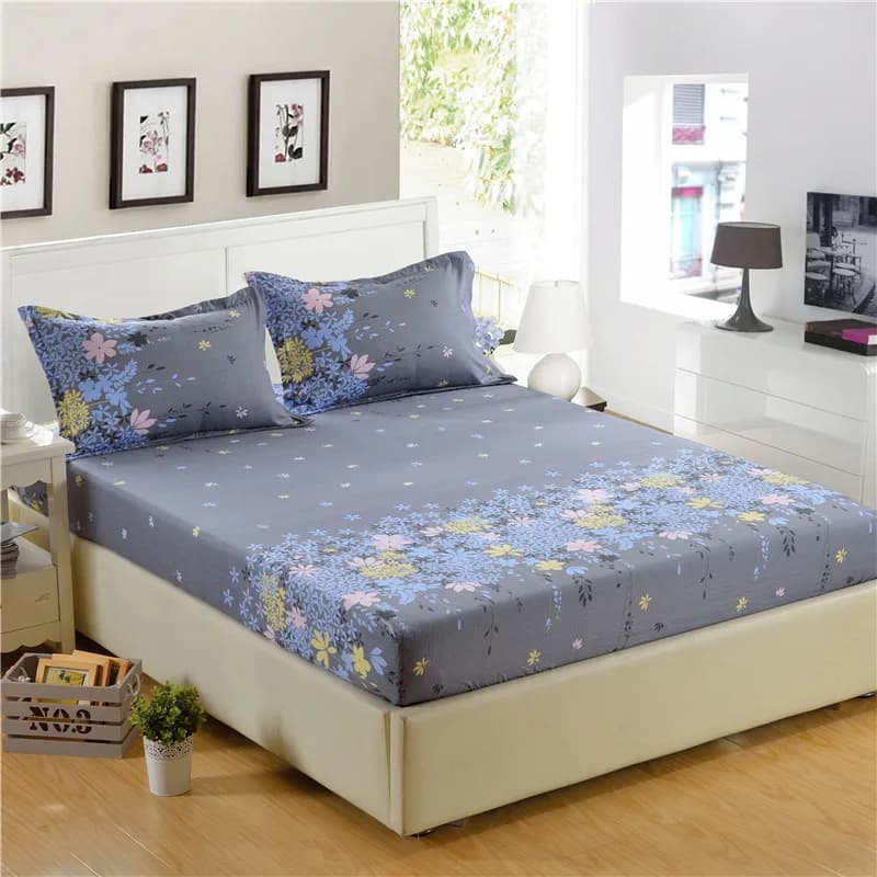 Capa de colchão ajustável azul com estampa floral em poliéster, cama de casal com travesseiros