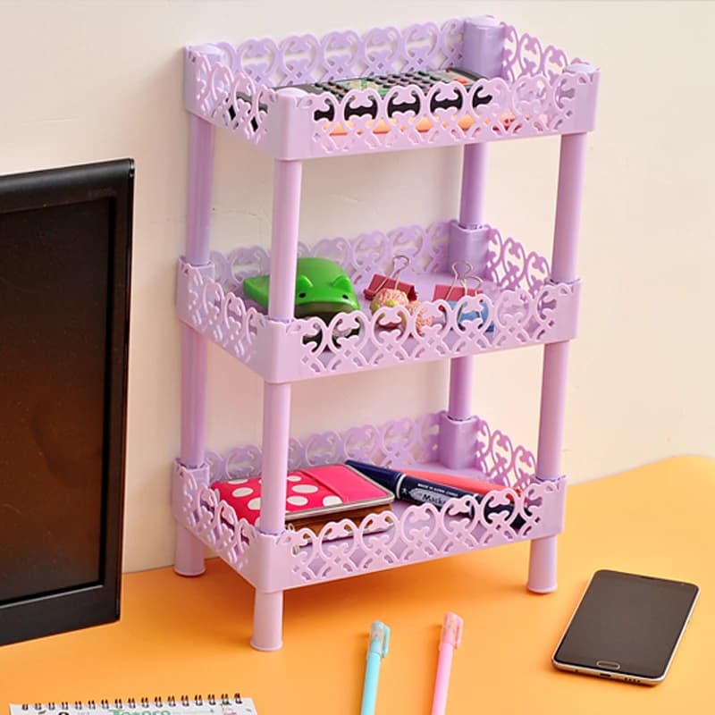 Suporte de três camadas organizador de mesa, estante de armazenamento de plástico, prateleiras multicamadas para cozinha e banheiro.