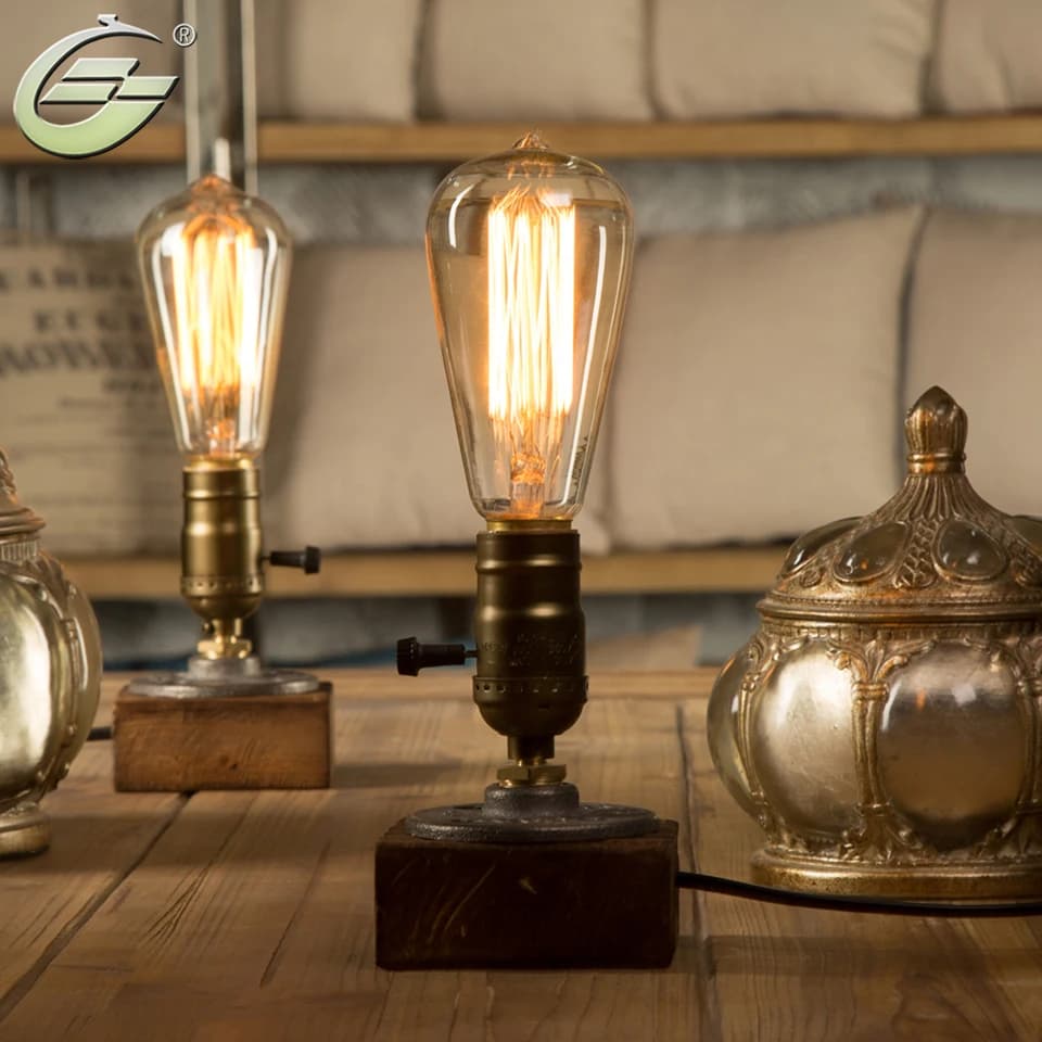 Luminária de Mesa Vintage Loft com Lâmpada Edison E27, Base de Madeira, Controle por Interruptor, Luminárias de Mesa para Bar e Decoração de Casa