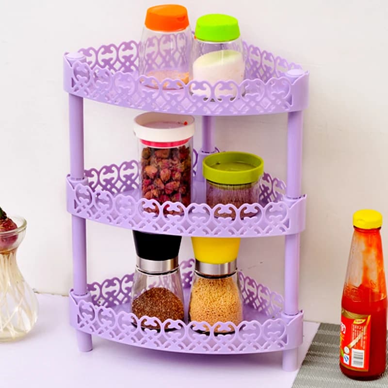 Organizador de mesa multicamadas roxo com 3 prateleiras em plástico decorado, usado para temperos