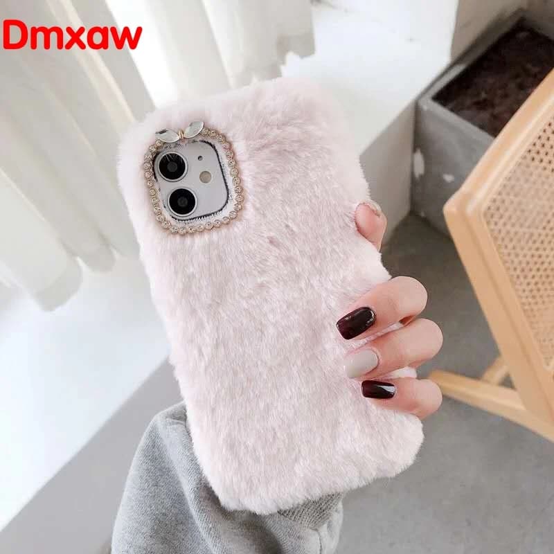 Capa pelúcia rosa claro para Xiaomi Redmi 9C 8A 10X Pro com detalhe decorativo brilhante na câmera